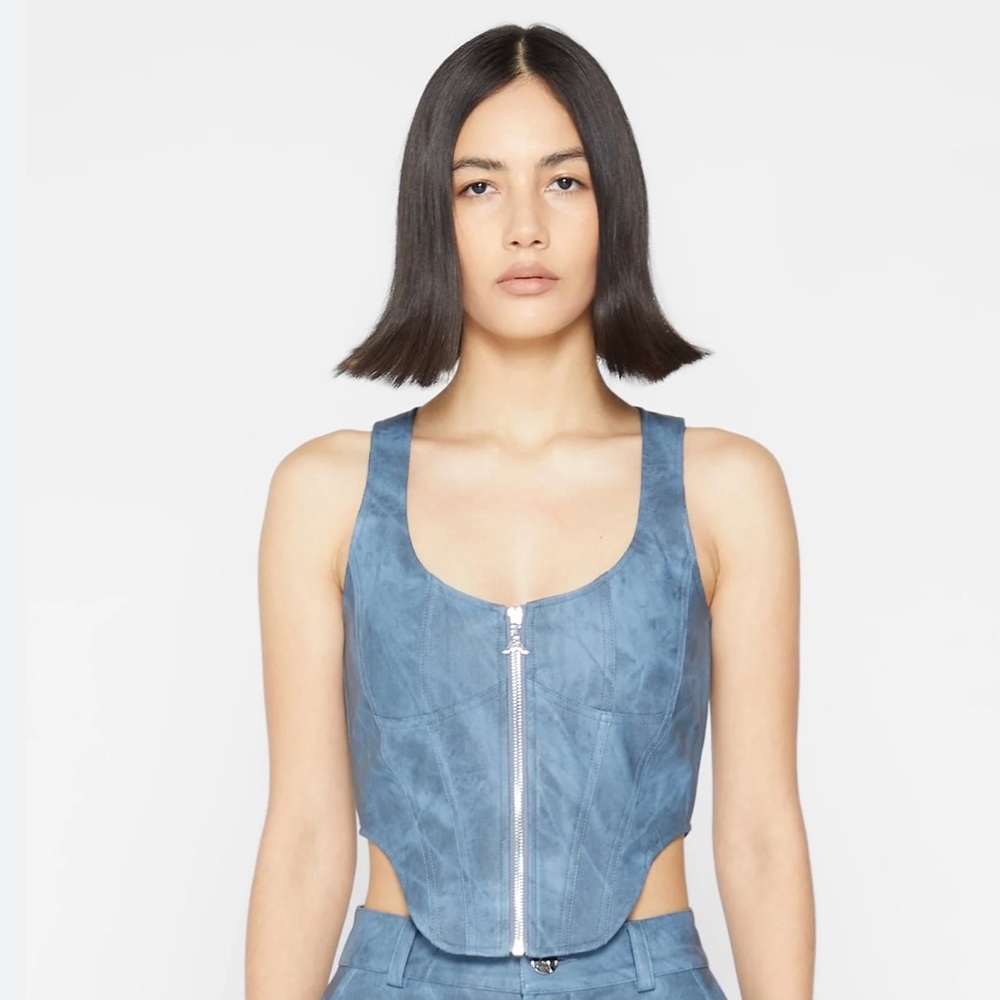 Maniére De Voir Vintage Marble Leather Corset Top - Washed Blue